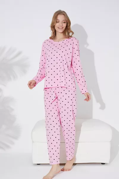 طقم بيجامة منسوجة بنقشة قلب وردي وأسود ونقاط 