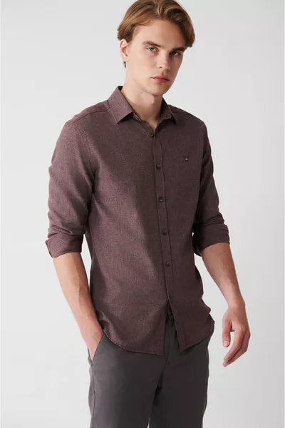 قميص رجالي خمري بياقة كلاسيكية سهل الكي من القطن 