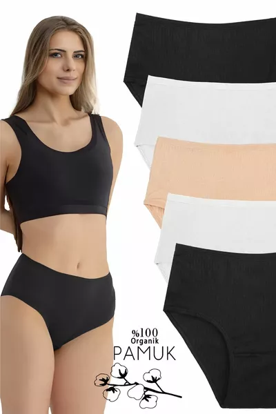 Damen % Baumwolle 5er-Set Hohe Taille Rippunterwäsche Schwarz, Weiß, Haut 