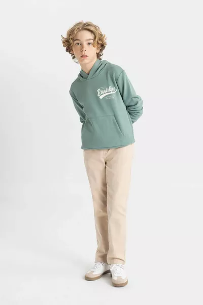 Erkek Çocuk Yeşil Yazı Baskılı Cepli Kapüşonlu Okul Sweatshirt AU