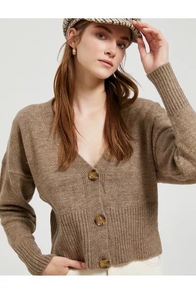 Cropped Cardigan with Buttoned V-Neck