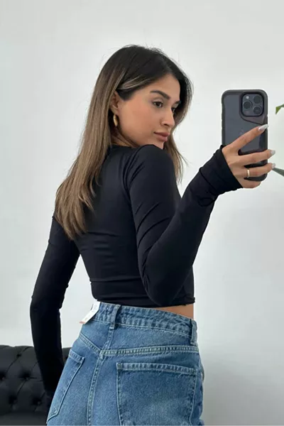 Kadın Siyah Parmak Geçmeli Pamuklu Bady