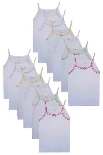 Girls' White Cotton Tank Top with Straps, Pack of 6