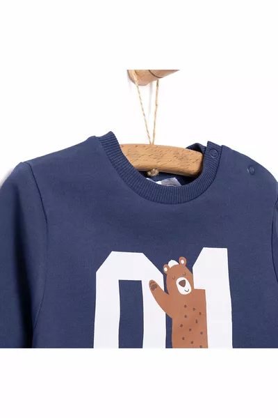 HelloBaby Sweat-shirt pour bébé garçon en molleton avec motif lion, col rond à boutons-pression, manches longues, bleu marine