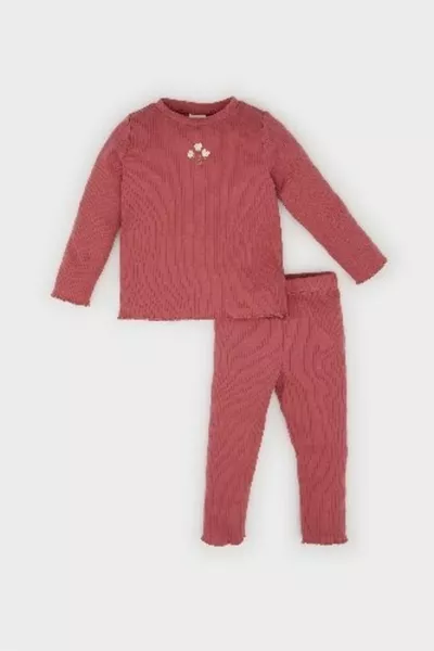 طقم فتاة صغير مكون من قطعتين، قميص طويل الأكمام من قماش كاشكورس مضلع مزهر، وسروال بخصر مطاطي AU