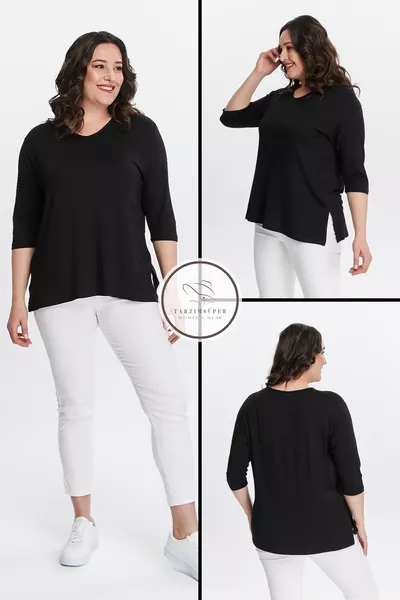 Plus Size New Season Side Slit Comfort Model Half Sleeve Comfortable Mother Cotton Tunic Blouse
