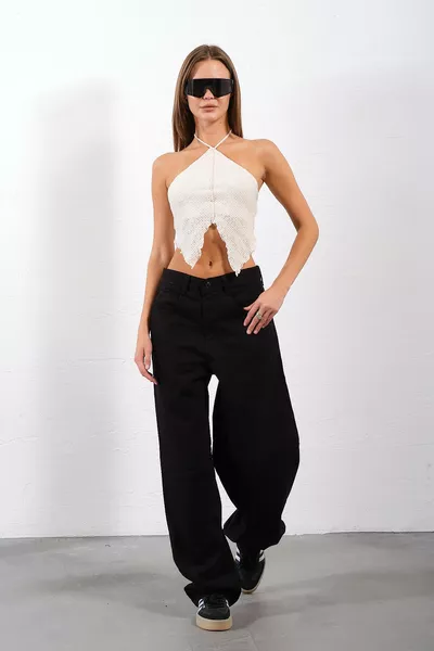 Jean ample femme décontracté à coupe large avec détail de pince noire @milano