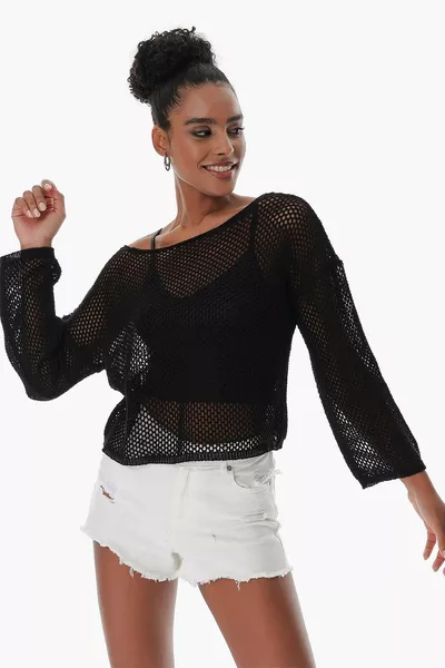 Женское болеро вязка из хлопка с узором сетки черное 