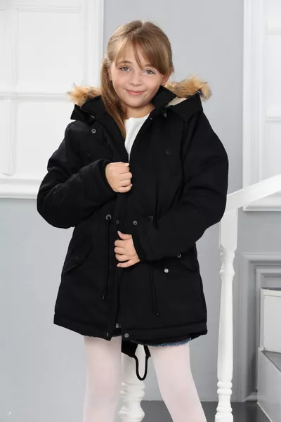 Girls' Waterproof and Windproof Fur-Lined Coat with Removable Hood