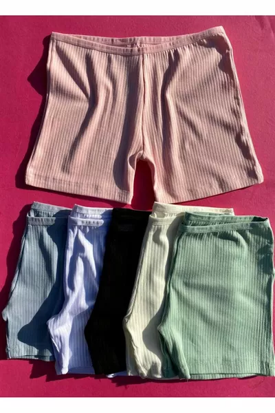 Дамски 5 броя памучни ребристи дамски бикини-шорти (Розово, Черно, Бяло, Зелено и Синьо)