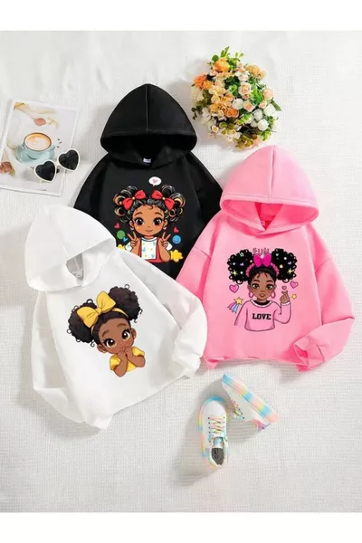 Kız Çocuk 3'lü Paket Kapşonlu Girls Baskılı Pembe-Siyah-Beyaz Sweatshirt