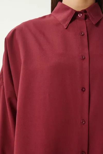 Damen Bordeaux Weitgeschnittenes Langarm-Basic-Hemd 