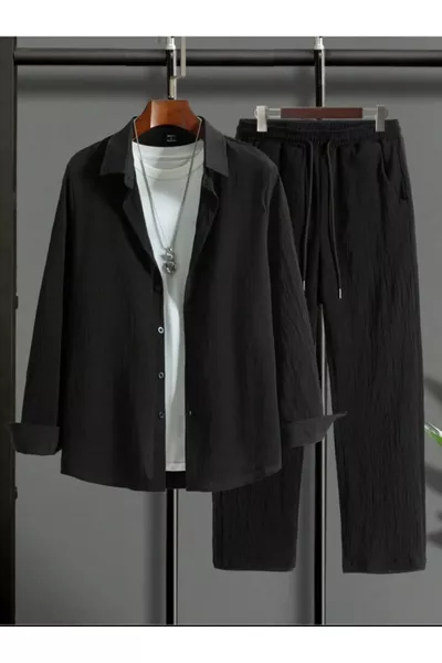 طقم رجالي قميص أسود بأكمام طويلة وسروال رياضي محبب