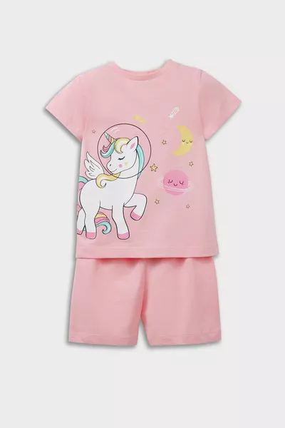 Baby Girl Pajama Set Unicorn Print Short Sleeve Cotton Top with Elastic Waist Shorts HS