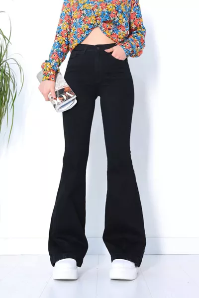 Ispanyol Paça Siyah Jean Ekstra Likra Yüksek Bel Uzun Bacak (toparlayıcı)