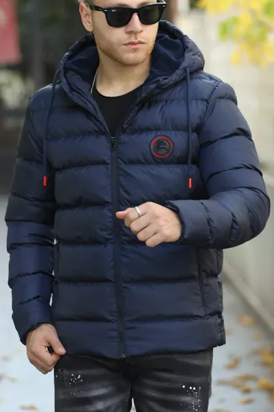 Giacca Sportiva Invernale Imbottita da Uomo con Cappuccio, Antivento, Foderata, Blu Scuro