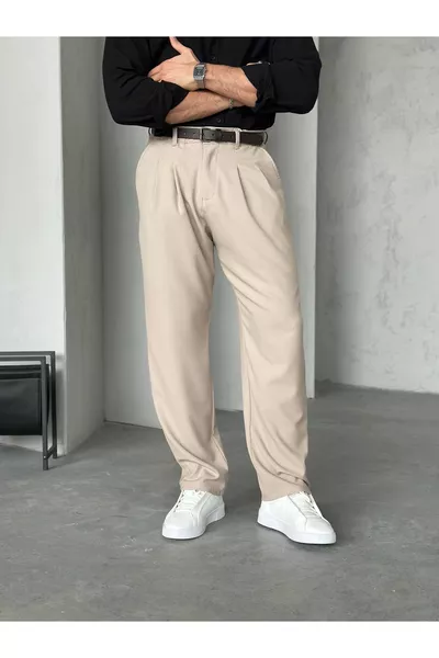 بنطلون قماشي واسع بكسرات باللون البيج