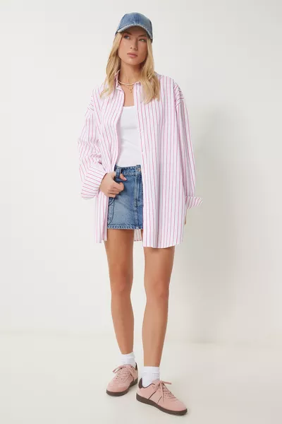 Damen Weiß Rosa Gestreiftes Oversize Langarm Webhemd 