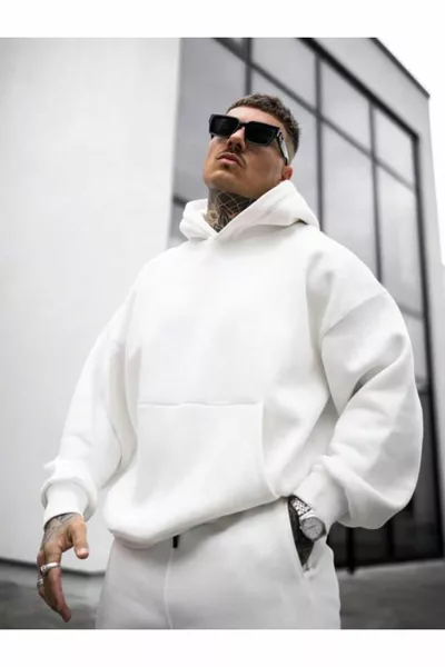 سويت شيرت بغطاء رأس رجالي بطبعة NY على الظهر باللون الأبيض