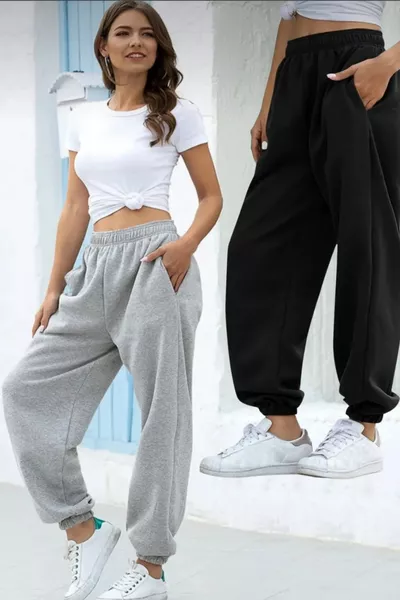 سروال رياضي واسع الطراز باللونين الأسود والرمادي، تصميم فضفاض، بنطلون جوجر مزدوج