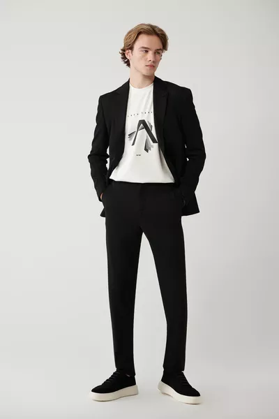 Erkek Siyah Yandan Cepli Armürlü Jersey Kumaş Pantolon 