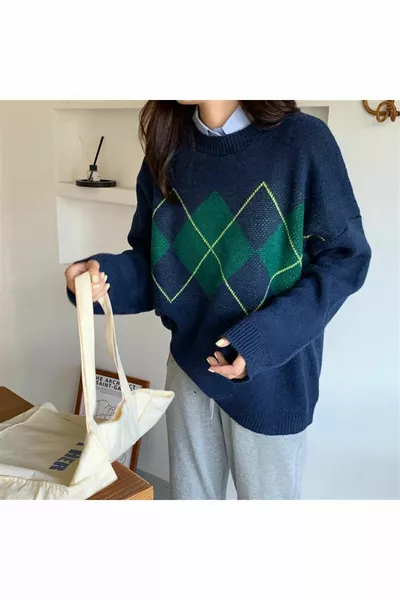 Harajuku خمر البحرية منقوشة سترة متماسكة كبيرة الحجم