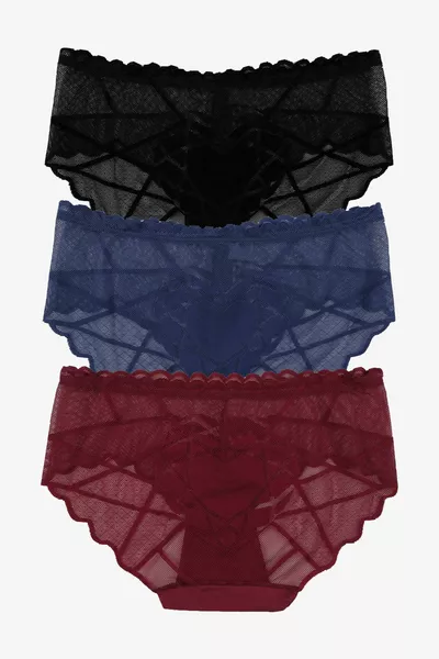 Dames 3-pack slipje met hartdetails en kant