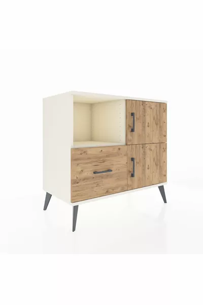 خزانة هايبرين مع رفين، درج واحد، بابان، لون حجر القمر والصنوبر