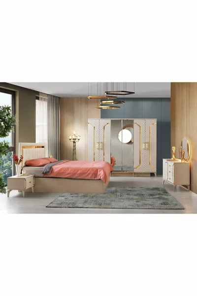 Milano Slaapkamer-mdf-zandbeige-6 Deuren en Spiegel-zonder Bedbodem met Lattenbodem-gratis Verzending en Montage