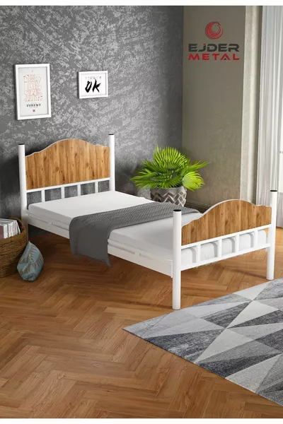 سرير معدني بسطح خشبي مفرد باللون الجوز (بدون مرتبة)