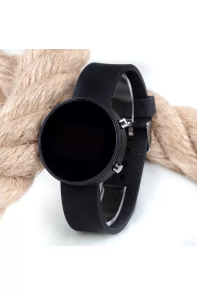 Matte Black Round Digital LED Screen Unisex Watch with Black Silicone Strap 