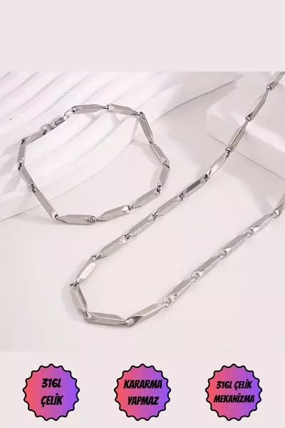 Сет от мъжко колие и гривна от стоманена верижка Melon, неизбледняваща стоманена верижка, стоманено колие