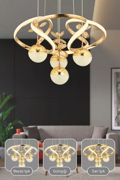 Модерен Luvina Gold 3 Цвята Светлина Функционален LED Полилей с Покритие, Висящ LED Полилей за Хол