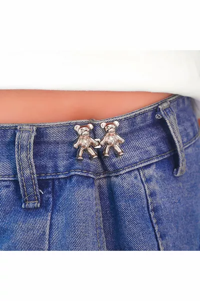 أداة تضييق خصر البنطال، دبوس، حزام دب صغير، زر ضغط لتضييق الخصر بلون فضي