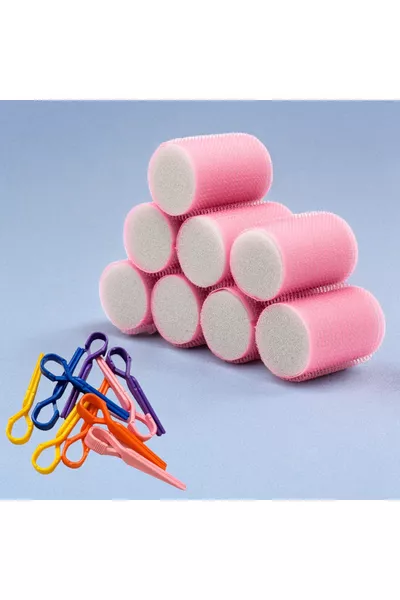  Розови велкро гъбени ролки за коса, комплект от 8 бр., диаметър 4 см, самозалепващи ( бр. с щипки за коса)