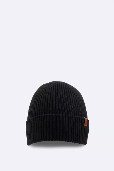 Men's Black Wool Blend Logo Ribbed Beanie 