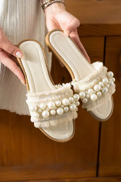 RİVA Dames Slippers met Rieten Details en Parels – Comfortabele Zolen, Zomerse Dagelijkse Strandslippers