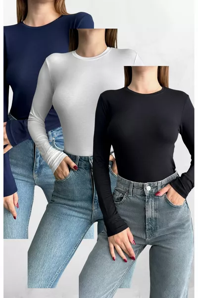 باقة من ثلاثة للجسم بأكمام طويلة وياقة دائرية بألوان أسود-أبيض-كحلي