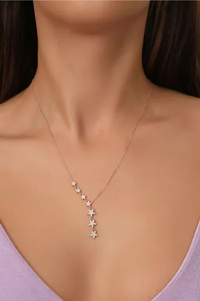Adjustable Rose-Plated Silver Chain Necklace with Row of Zircon Stars