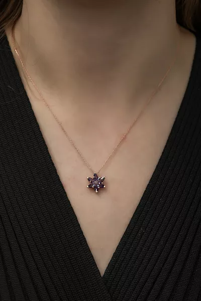 Women's Adjustable Purple Lotus Flower Silver Necklace
