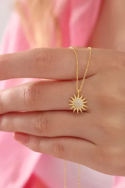 Adjustable Silver Chain Gold-Plated Sun Pendant Necklace with Zircon White Stones