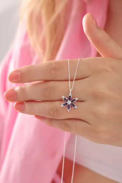  Ayar Gümüş Zincirli Ametist Damla Taşlı Lotus Kamelya Çiçeği Kolye