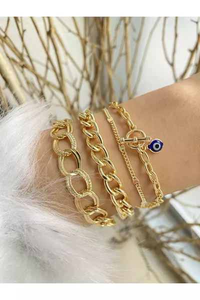 Damen 4-teiliges Kombinations-Set Armreif in Messingfarbe, verblasst nicht