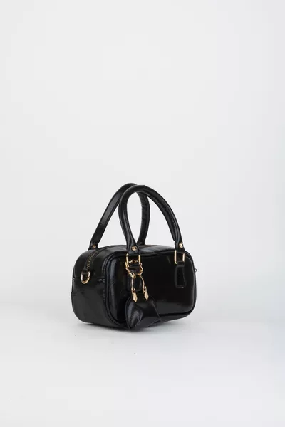 Women's Lale Black Bag with Charm Detail, Patent Leather, Zipper Closure, Handheld and Shoulder Bag