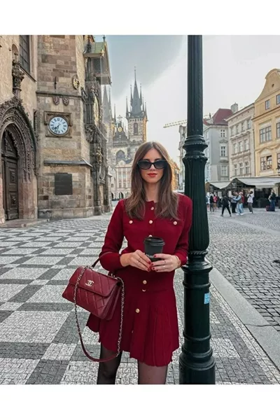 Burgundy Pleated Cardigan and Skirt Set with Gold Buttons, Suitable for XS-S Size.