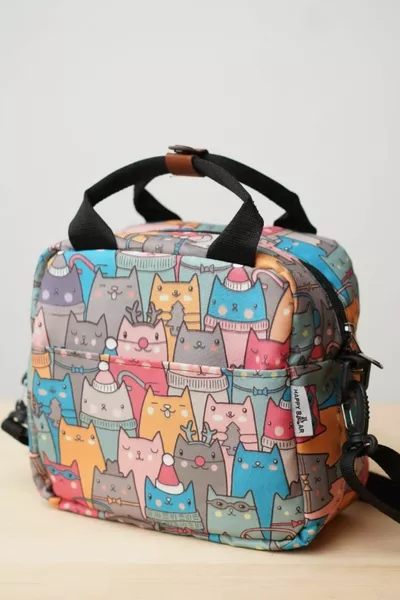 Топлоизолирана водоустойчива термална чанта за носене на храна с презрамка, с котешки мотив