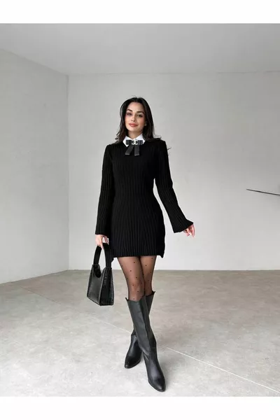 فستان صوفي نسائي شتوي بأكمام قصيرة ومخطط ضيق