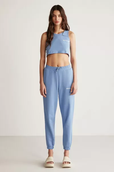 كارولين المرأة عارضة قصة مطرزة بلو بلو بنطال رياضي مع الخصر والساق المطاطية
