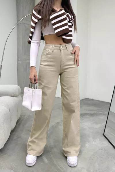 Pantalon Palazzo Taille Haute Femme Beige à Jambe Large