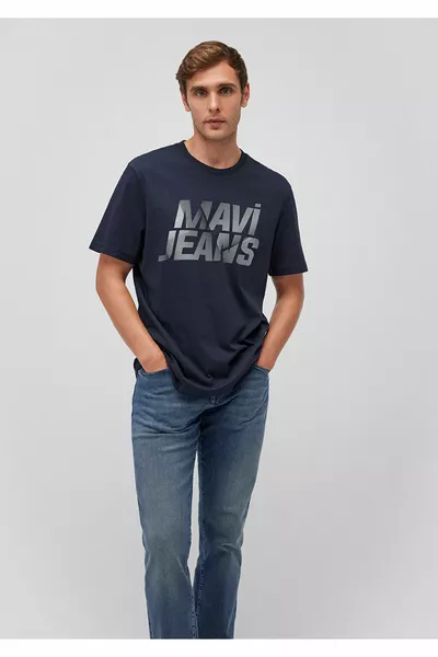 جينز تي شيرت أزرق كحلي مطبوع بقصة عادية / قصة عادية 